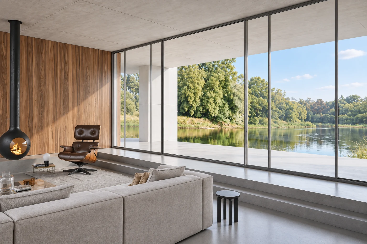 Lakeside living room — alternate view of the same space, AI visualisation based on the original reference