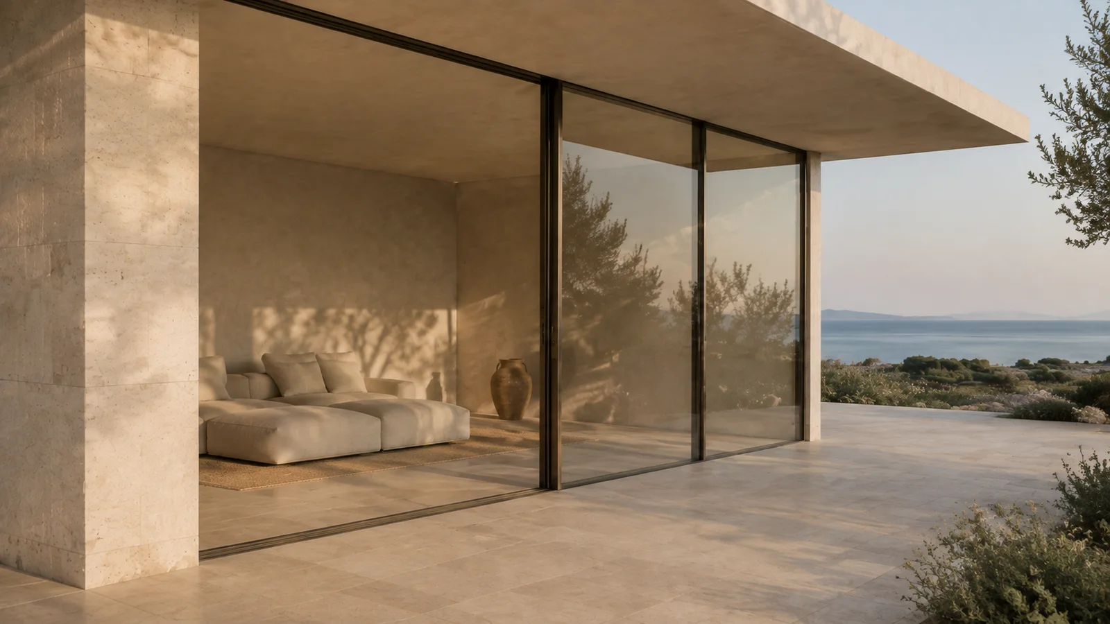 The terrace approach: warm stone and a shaded interior establish continuity around the glazed opening.