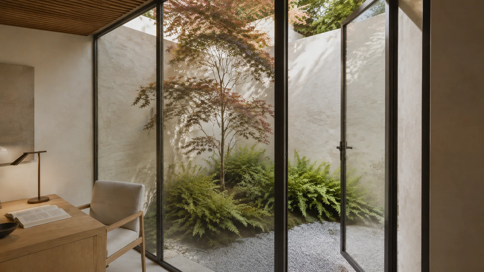 The opening in context: an operable sash, adjacent fixed glass and the wall reveal share one material language.